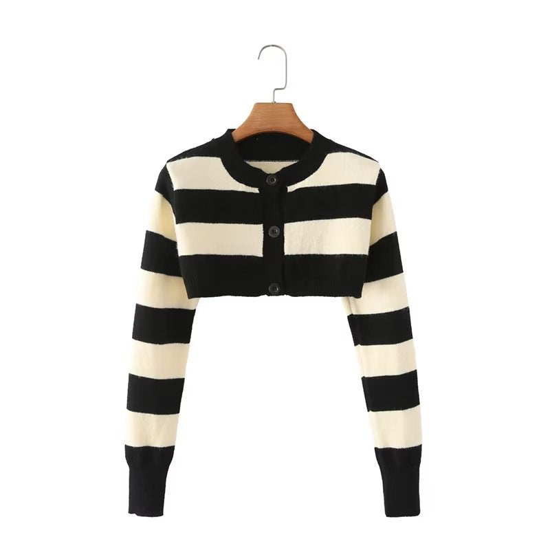 Women Sweater Knit Wear Striped Knitted Cardigan Winter High Waist Short Sweater