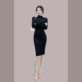 Women Maxi Dress Autumn and Winter Turtleneck Long Sleeve Narrow Knitted Dress