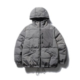 Unisex Winter Cotton Coat Patch Pocket Decorative Hooded Cotton-Padded Coat Vintage Zipper Decorative Cotton-Padded Jacket