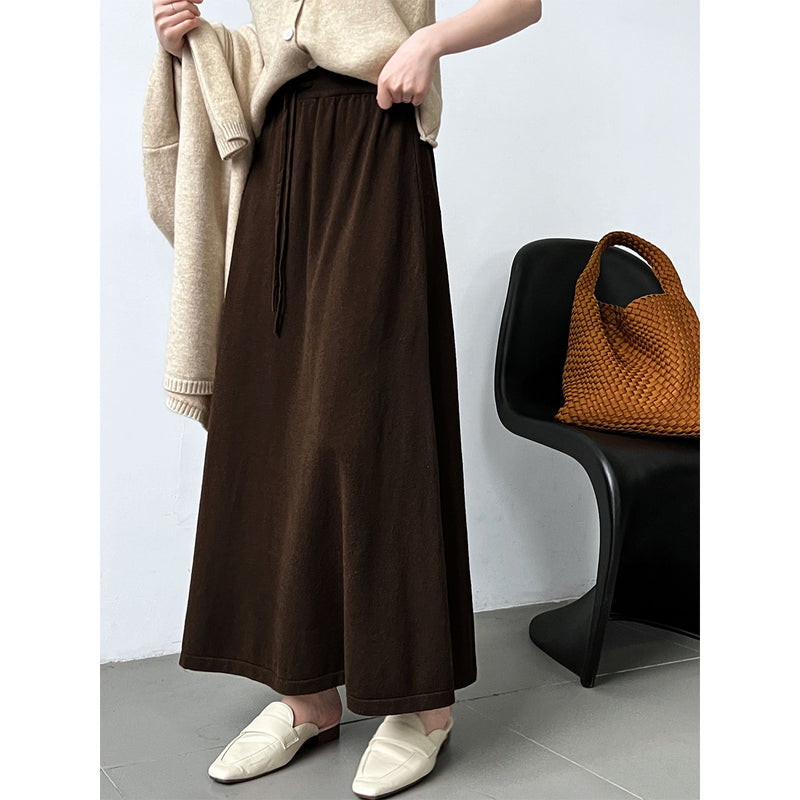 Women Skirt Drawstring Knitted A- line Skirt Wool Skirt