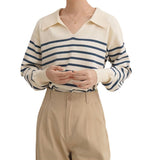 Women Knitwear Autumn and Winter Polo Collar Striped Sweater Sweater