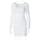 Women Dresses Spring Summer Slim-Fit Long Sleeve Pleated Solid Color Dress