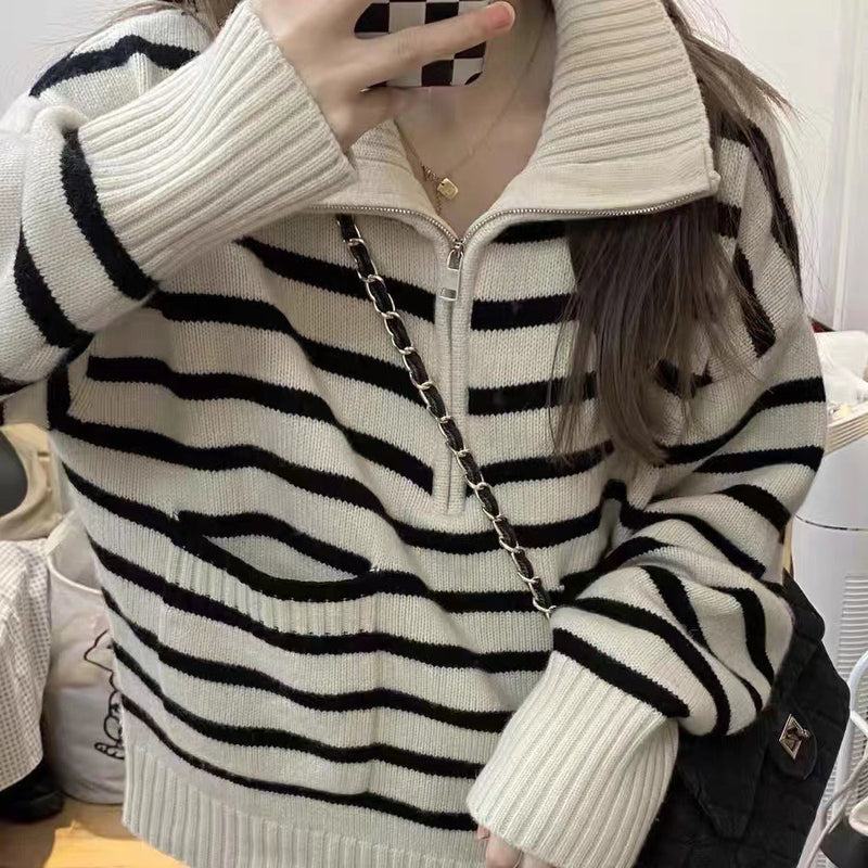 Women Knitwear Autumn and Winter Striped Turtleneck Zipper Knitwear Loose Sweater