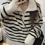 Women Knitwear Autumn and Winter Striped Turtleneck Zipper Knitwear Loose Sweater