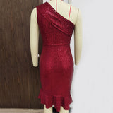 Women's Evening Gown Sexy Retro One-Shoulder Sleeveless Sequins Dress