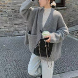 Women Knitted Cardigan Sweater Women's Autumn and Winter V-neck Loose Knitted Cardigan Coat