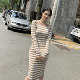 Women Maxi Dress Autumn Striped Long Sleeve Slim Fit Hip Knitwear Dress