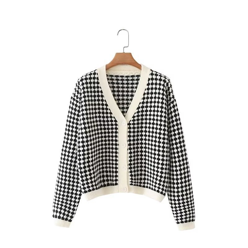 Women Sweater Knitwear Autumn Checkered Loose V-neck Knitted Cardigan Short Sweater