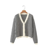 Women Sweater Knitwear Autumn Checkered Loose V-neck Knitted Cardigan Short Sweater