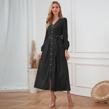 Women Date Dress Single-Breasted Cardigan Skirt V-neck Bubble Long Sleeve Dress
