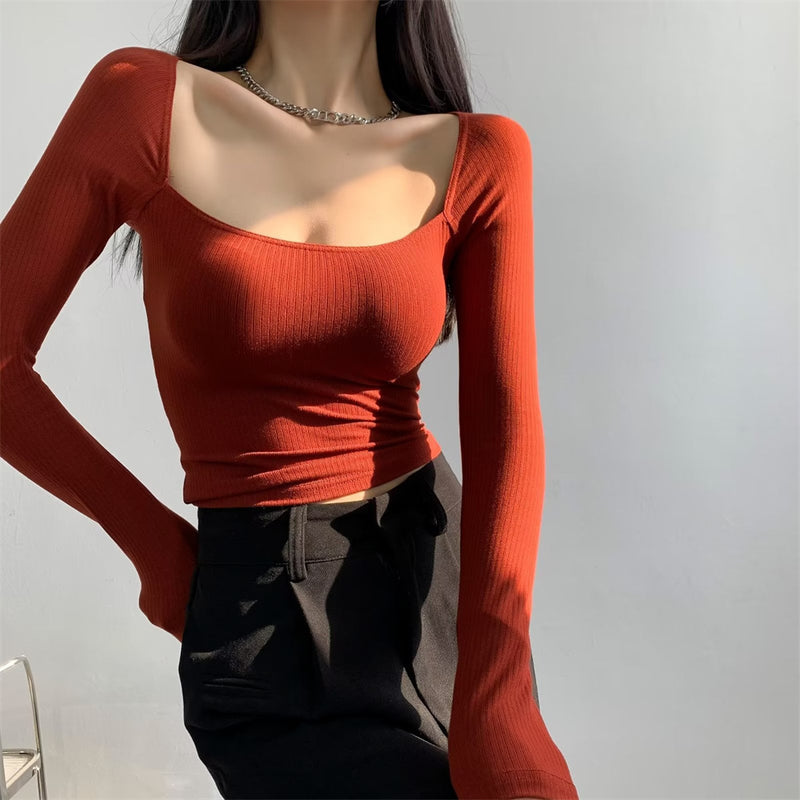 Women Sweater Knitwear Square Collar High Waist Slim Fit Long-Sleeved T-shirt