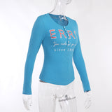 Women Tops Spring Slim-Fitting T-shirt Long Sleeve Leisure Button Top