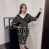 Women Maxi Dress Autumn and Winter V-neck Knitted Dress Package Hip Sweater Dress