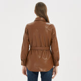 Women Leather Jacket Lapel Belt Decorative Brown Waist Brown Leather Coat Top
