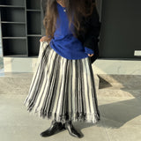 Women Knitted Skirt Black and White Striped Dress Tassel Knitted Skirt