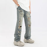 Men Jeans Ripped Jeans Vintage Distressed Straight-Leg Denim Trousers