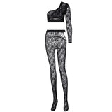Women Co-Ord Set Midriff Outfit Two-Piece Set Hollow Lace Sexy Suit