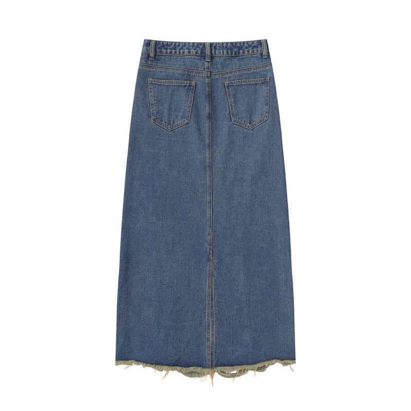 Women Long Skirt Casual Washed and Worn Loose Slit Skirt