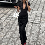 Women Dresses Spring Sexy Deep V Short Sleeve and Long Pattern Dress