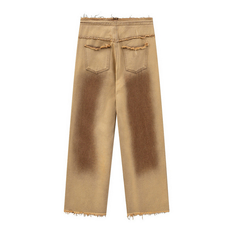 Men Jeans Retro Washed Raw Hem Jeans