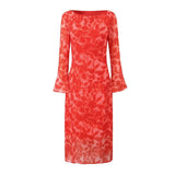 Women Dresses Summer Rose Printed Long Sleeve Dress Bell Sleeve Slim Fit Long Dress (Xds0414)