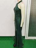 Women's Sexy Halter Vintage Green Sequins Dress
