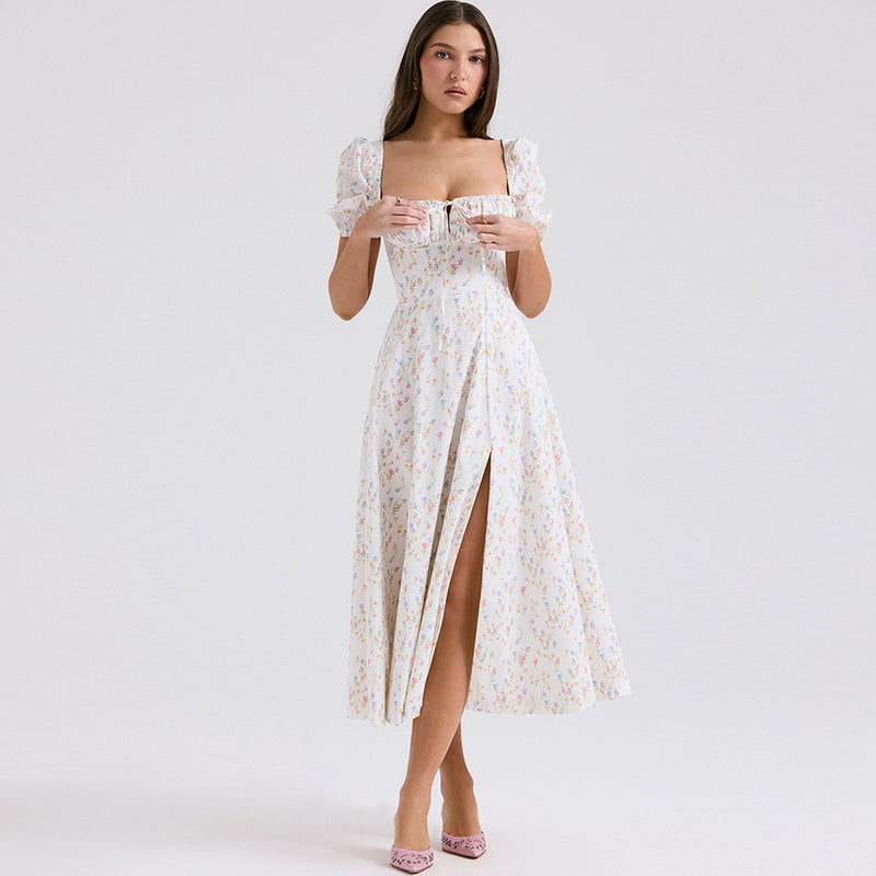 Women Dresses Square Collar Floral Dress Long Dress Casual Skirt (Zns0409)