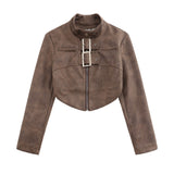 Women Jacket Leather Short Coat Leather Clothing with Stand Collar Jacket