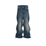 MIJKO Men's Vintage Pants MIJKO Men's Women's Wave Design Washed Old Blue Jeans