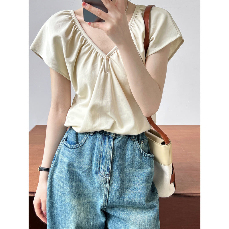 Women T Shirt V-neck Ruffled Sleeve T-shirt Summer off-Shoulder Top