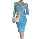 Women Maxi Dress Autumn and Winter Zipper Slim-Fit Long-Sleeved Striped Knitted Sheath Dress