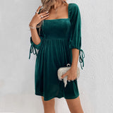 Women Dress Velvet Square Collar Back Hollow-out Skirt