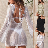 Women Knit Beach Cover Beach Dress Knitted Hollow Backless Sexy Long Sleeve