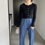 Women Cardigan Sweater Autumn Top round Neck Cropped Cardigan Sweater Button Long Sleeve Knitted Coat 8t7329