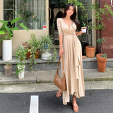 Women Dresses Beige Dress Lace-up Belt Slim Fit Dress V-neck