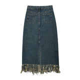 Women Long Skirt Tassel Denim Midi Dress A- line Skirt