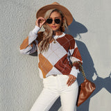 Women Knitted Sweater Autumn Crew Neck Pullover Knitting Rhombus Sweater