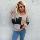 Women Knitted Sweater Autumn round Neck Stitching Long Sleeve Knitted Sweater