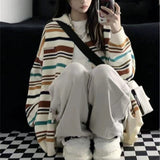 Women Knitwear Autumn and Winter Color Striped Lapel Sweater Loose Knitted Cardigan