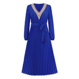 Women Date Dress Autumn and Winter V-neck Lace Pleated Lace-up Long Dress
