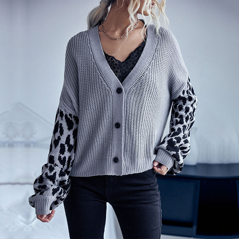 Women Knitted Sweater Autumn and Winter Long Sleeve Leopard-Print Sweater Coat