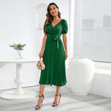 Women Date Dress Summer V-neck Puff Sleeve Lace-up Pleated Dress