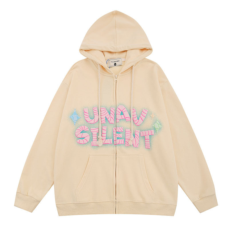 Men Hoodie Retro Dopamine Sweet Cool Graffiti Letters Hooded Cardigan