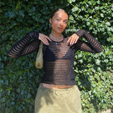 Women Knit Top Knitwear Beach Cover-up Sexy Backless Hollow out Sun Protection Shirt Knitted T-shirt