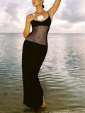 Women Dresse Mesh Camisole Long Skirt Sexy U Collar Hip Skirt