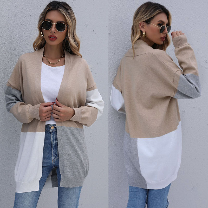 Women Knitted Sweater Autumn Loose Color Stitching Knitted Cardigan Sweater Coat
