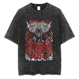 Men Washed T Shirt Black Japanese Anime Graphic Print TShirt