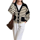 Women Knitwear Autumn and Winter Striped V-neck Pocket Sweater Female Loose Knitted Cardigan