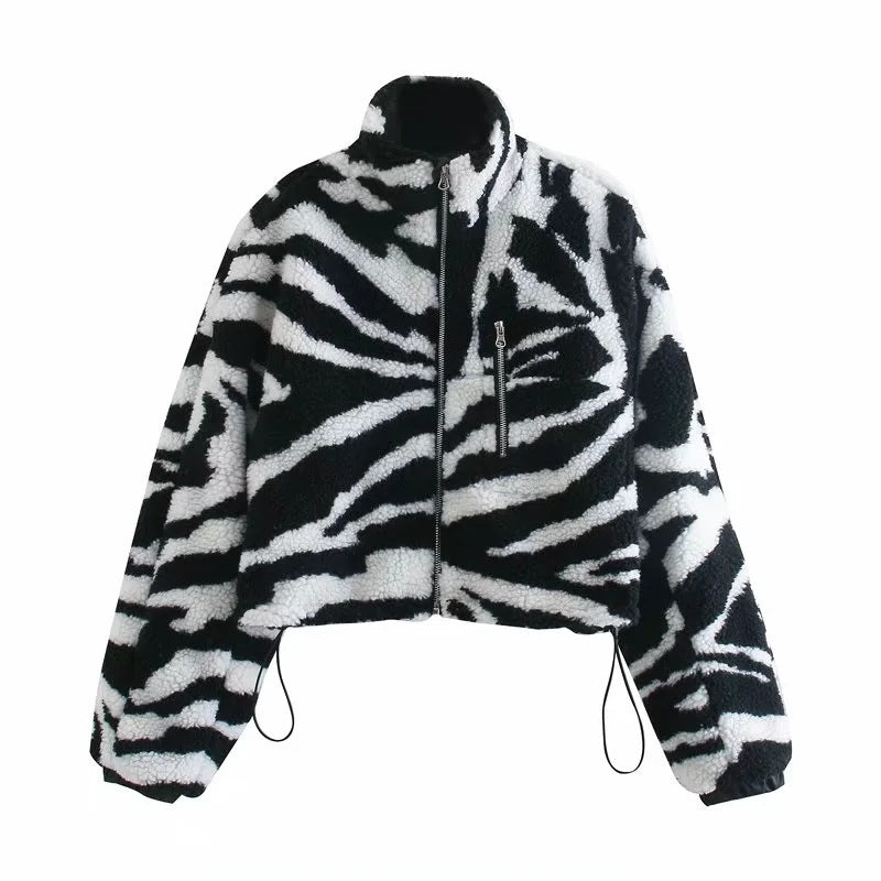 Women Jacket Spring and Autumn Stand Collar Zebra Stripes Loose Faux Lamb Fur Coat