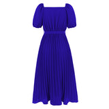 Women Date Dress Summer V-neck Puff Sleeve Lace-up Pleated Dress